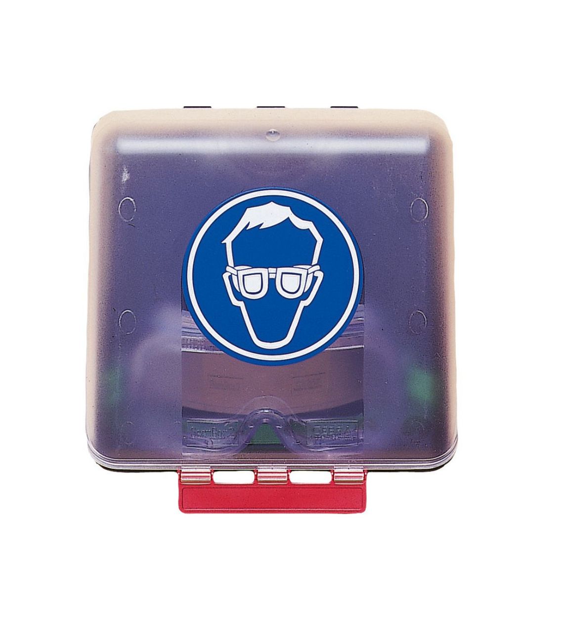 Aufbewahrungsbox für Schutzbrillen. Kippdeckel transparent, 235×225×125 mm.