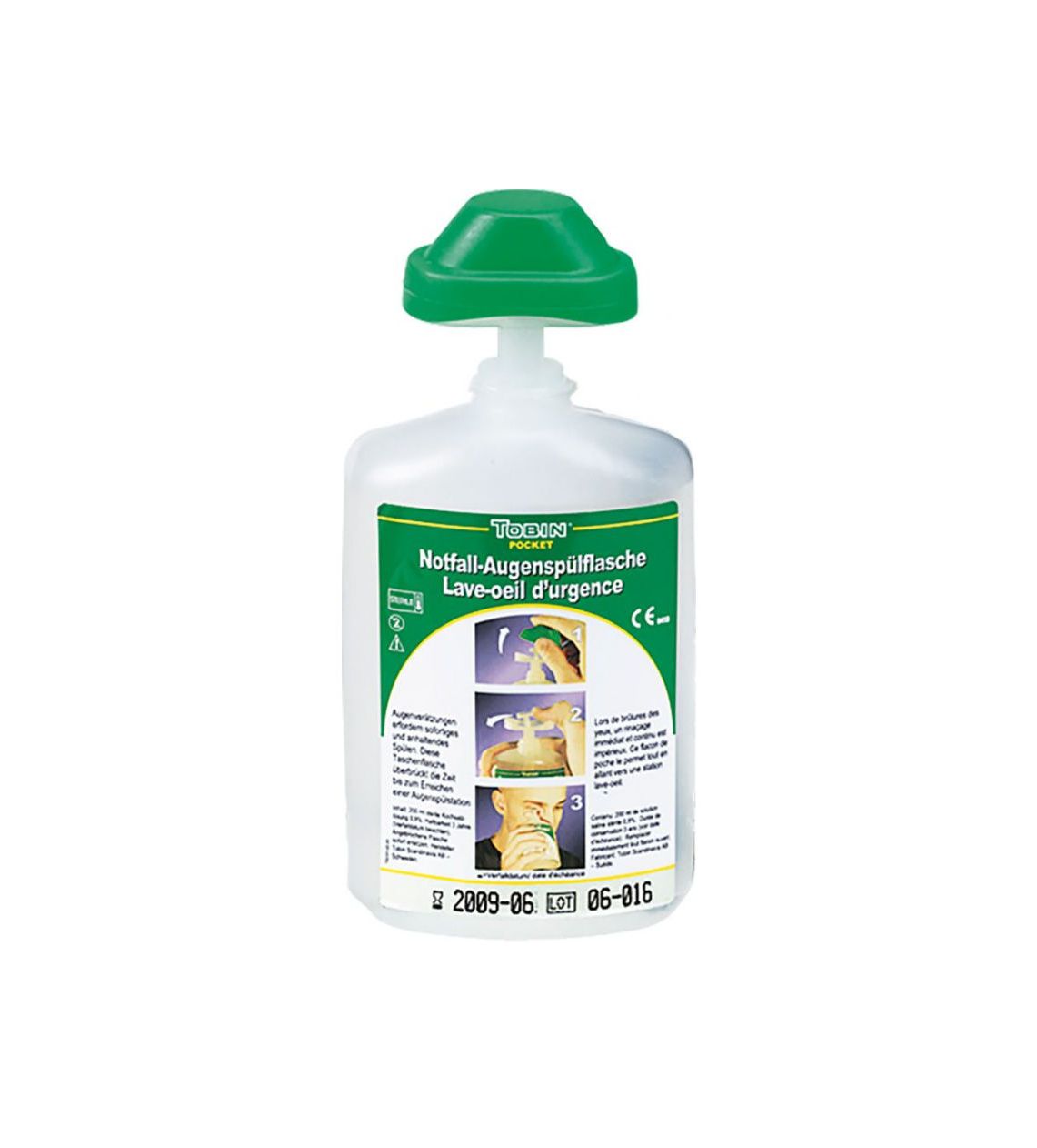 Taschenflasche mit Augenwanne mit 200 ml sterile Kochsalzlösung 0.9%.